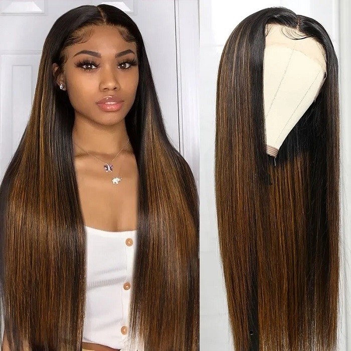 Kriyya #FB30 Bronde Highlight Straight Human Hair wigs T Part Lace Wigs 150% Density Middle Part Lace Wig