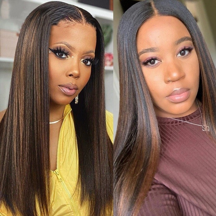 Kriyya #FB30 Bronde Highlight Straight Human Hair wigs T Part Lace Wigs 150% Density Middle Part Lace Wig