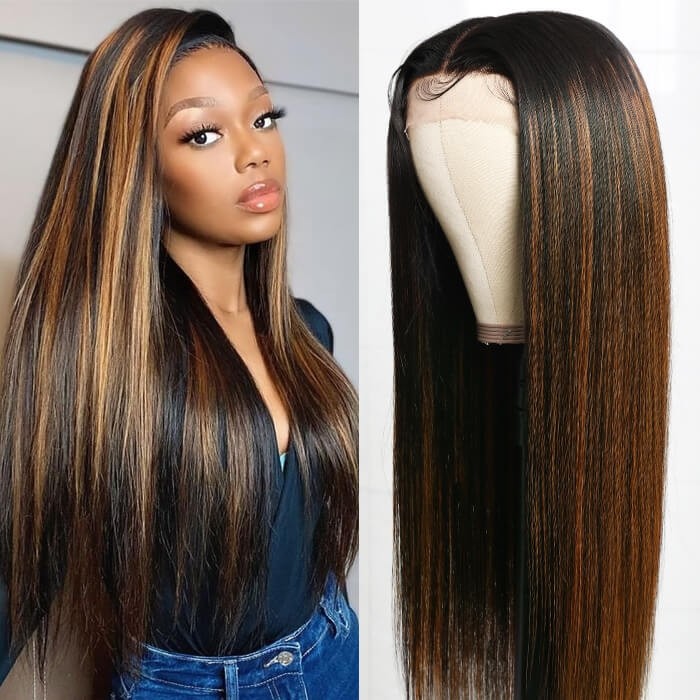Kriyya #FB30 Bronde Highlight Straight Human Hair wigs T Part Lace Wigs 150% Density Middle Part Lace Wig
