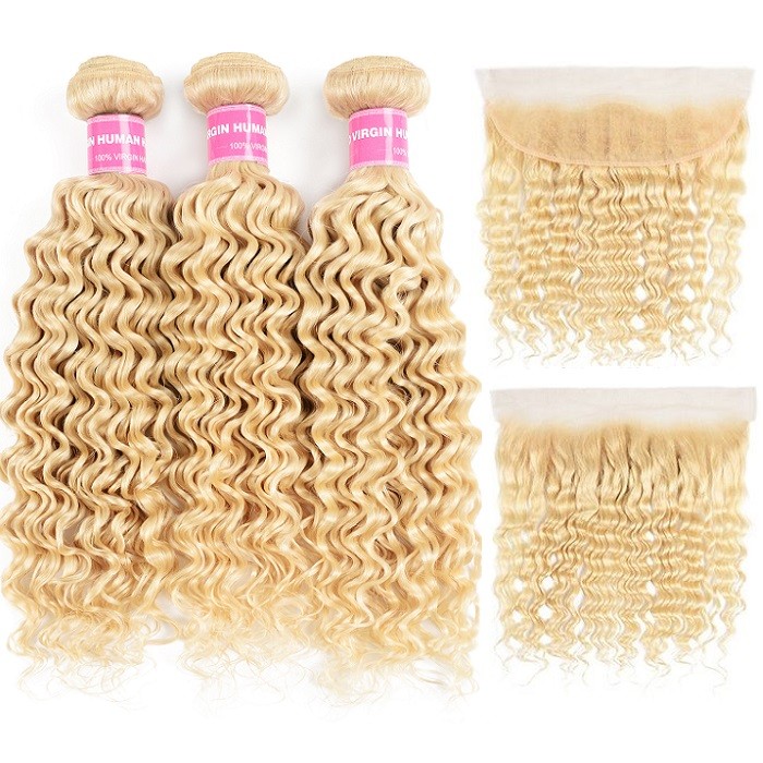 Kriyya 3 Bundles Malaysian Deep Wave Virgin Hair With 13x4 Lace Frontal 613 Color
