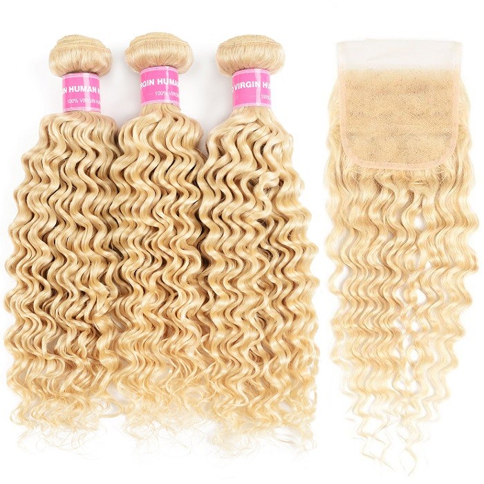 Kriyya 3 Bundles Peruvian Deep Wave Virgin Hair With 4x4 Lace Closure 613 Blonde