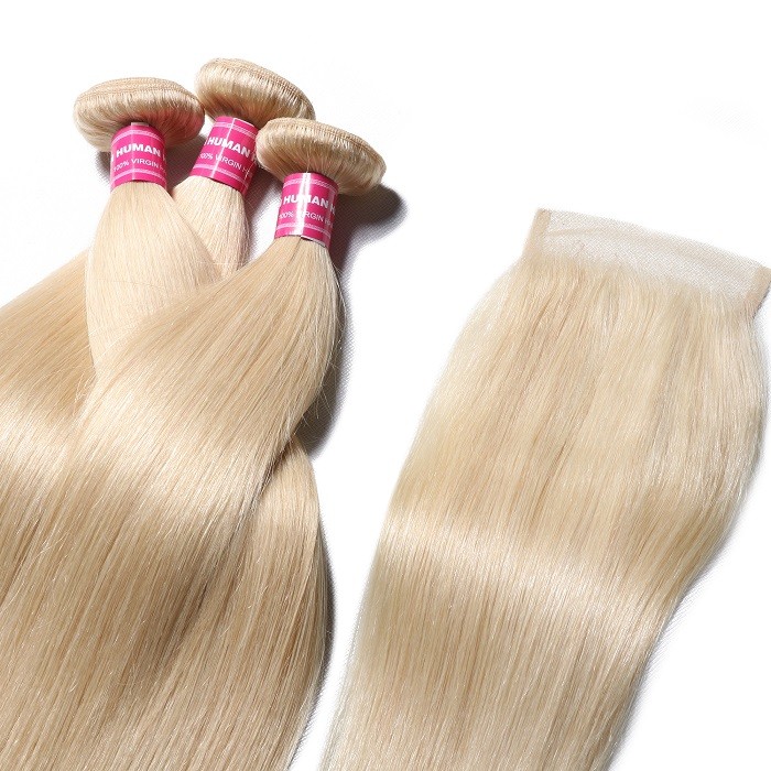 Kriyya Malaysian 3 Pcs 613 Blonde Straight Hair Bundle Deals With 4*4 Lace Closure