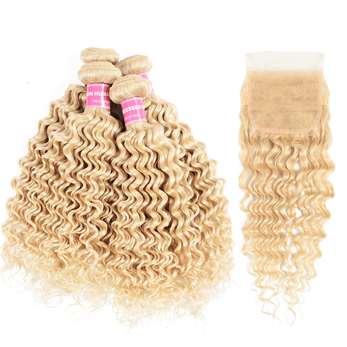 Kriyya Deep Wave Human Hair 613 Color 4 Bundles With 4x4 Lace Closure Indian Hair