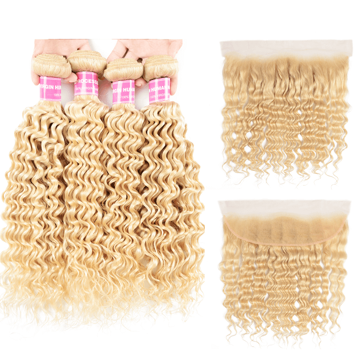 Kriyya Indian Hair 613 Blonde 4 Bundles Deep Wave Human Hair Weave With 13x4 Lace Frontal