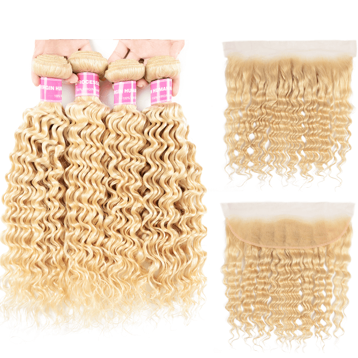 Kriyya Malaysian 4 Pcs Deep Wave Best Human Hair Weave With 13x4 Lace Frontal 613 Blonde