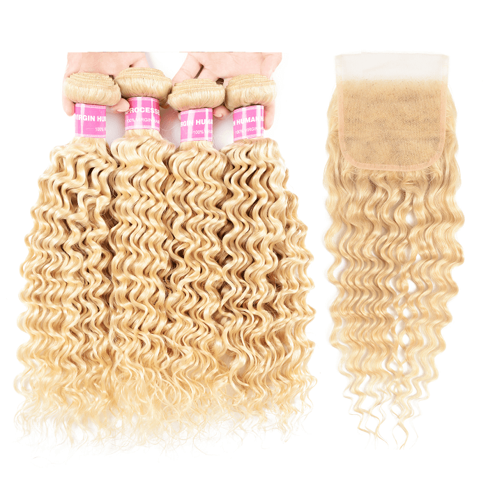 Kriyya Peruvian Virgin Remy Hair 613 Color 4 Bundles Deep Wave With 4x4 Lace Closure