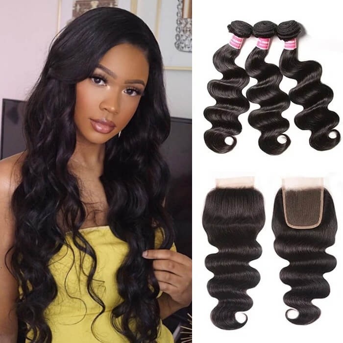 Kriyya Hair Body Wave Virgin Hair 3 Bundles With Transparent Lace Closure 4 X 4 Inch
