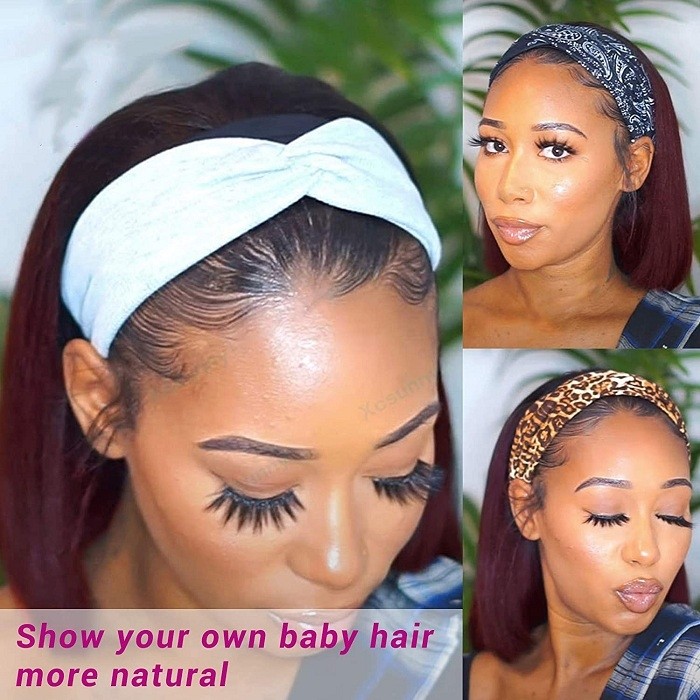 Kriyya Brazilian Virgin hair Bob Wigs Headband Wig With Black Roots 150% Density Ombre 1B/99J Wine Red Color