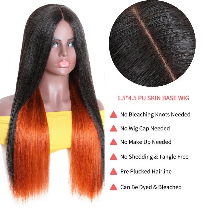 Kriyya Straight PU Skin Base Wig 4.5*1.5 Middle Part Hidden Orange Highlights 150% Density