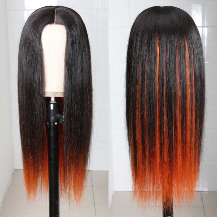 Kriyya Straight PU Skin Base Wig 4.5*1.5 Middle Part Hidden Orange Highlights 150% Density