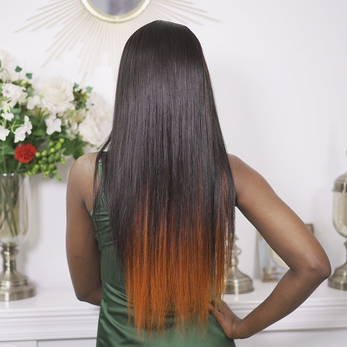 Kriyya Straight PU Skin Base Wig 4.5*1.5 Middle Part Hidden Orange Highlights 150% Density