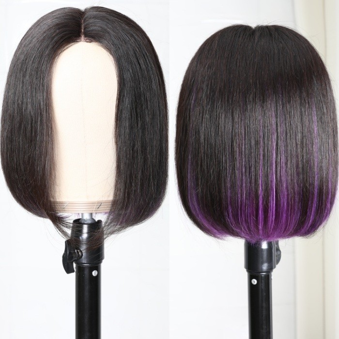 Kriyya Bob Wigs Hidden Purple Highlights Hair Glueless Wigs 150% Density 8-14 Inch