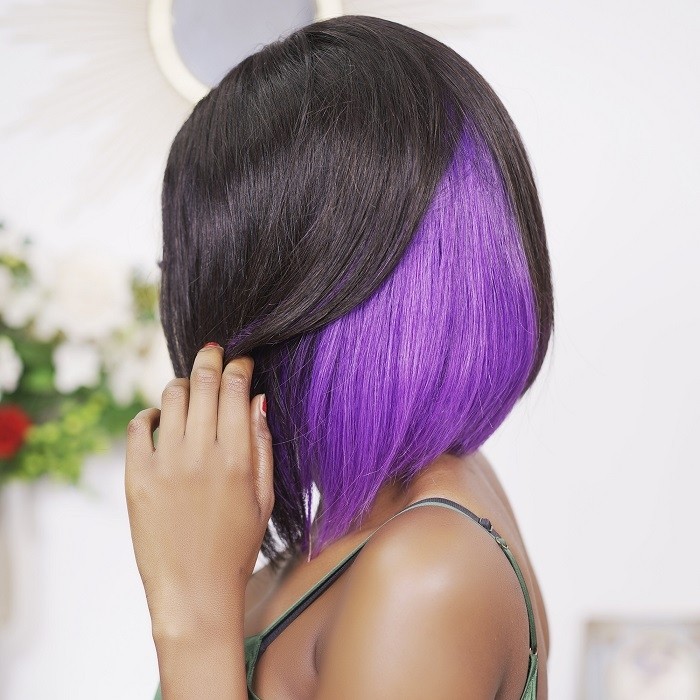 Kriyya Bob Wigs Hidden Purple Highlights Hair Glueless Wigs 150% Density 8-14 Inch