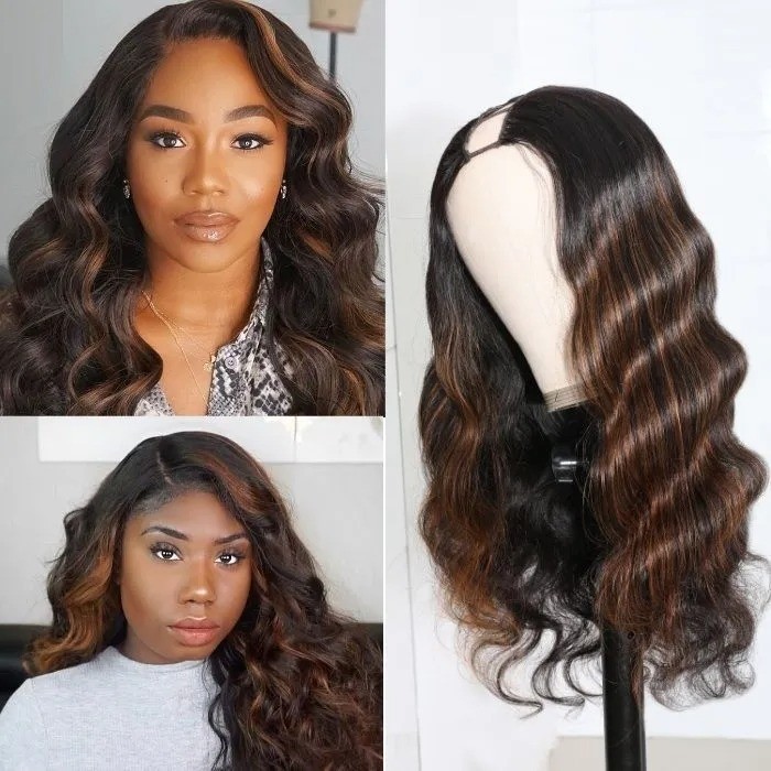 Kriyya Brazilian U Part Wig Virgin Human Hair Copper Red Highlight Body Wave U Shape 150% Density