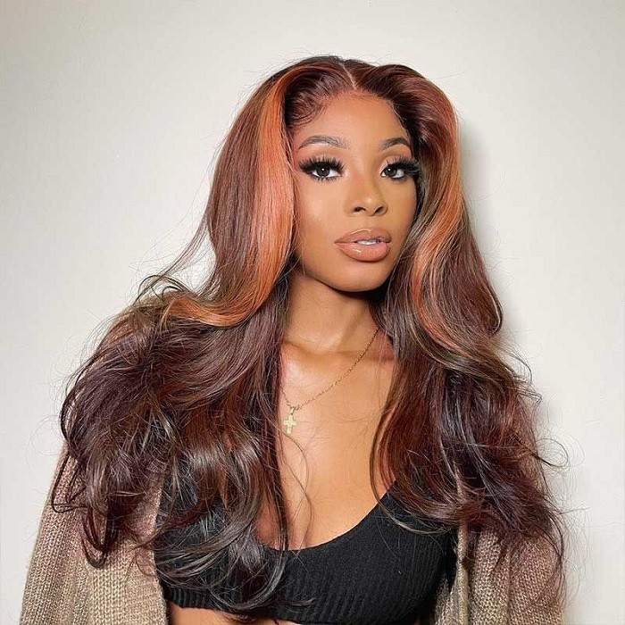 Kriyya Money Piece Face Fram Highlight Bouncy Body Wave 13X4 Lace Front Wig 150% Density