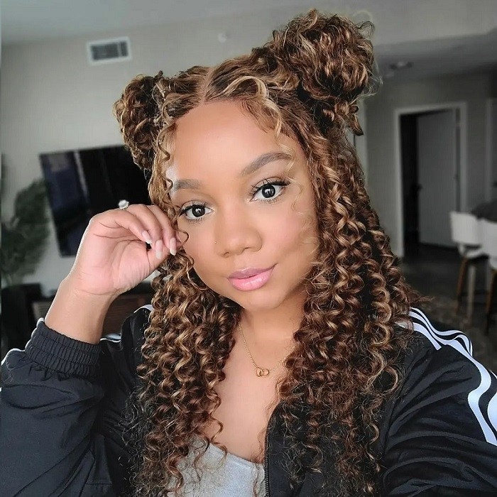 Kriyya Highlight Brown Deep Wave Wig Color #F430 Machine Made Human Hair Wigs With Bangs