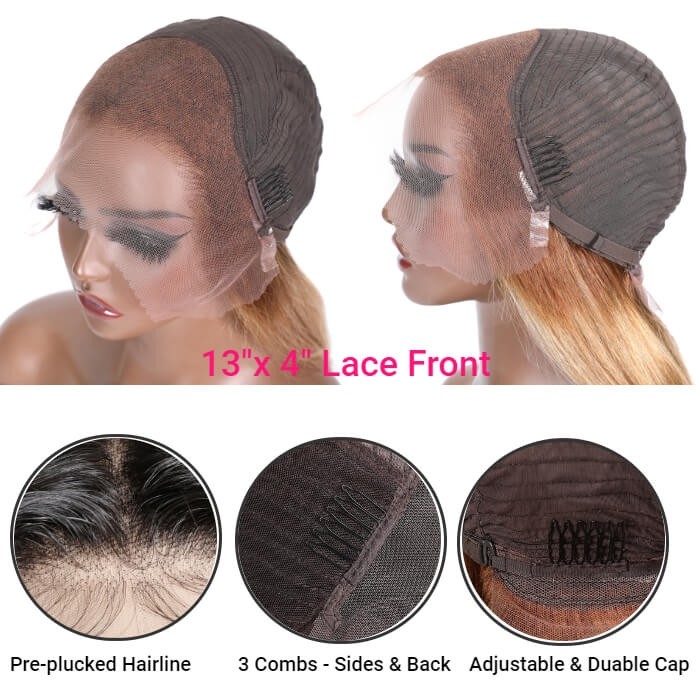 Kriyya Honey Blonde Wig with Choppy Bangs Dark Root Glueless 13X4 Lace Front Long Wigs 24 Inch