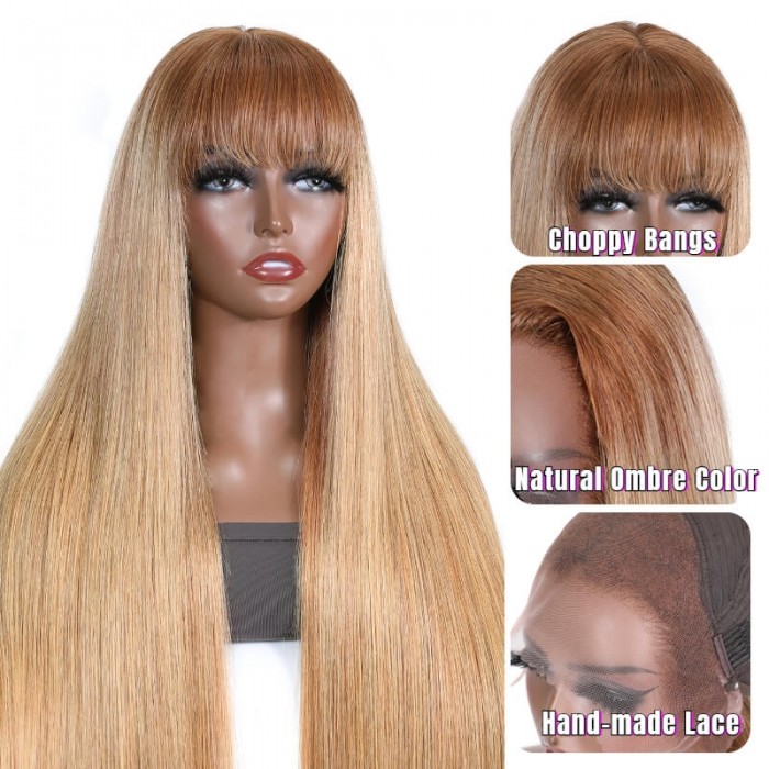 Kriyya Honey Blonde Wig with Choppy Bangs Dark Root Glueless 13X4 Lace Front Long Wigs 24 Inch