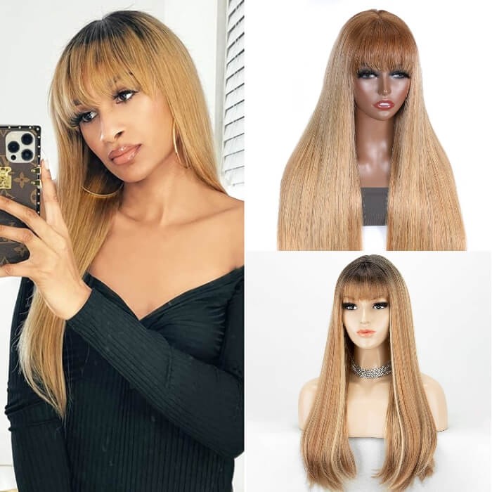 Kriyya Honey Blonde Wig with Choppy Bangs Dark Root Glueless 13X4 Lace Front Long Wigs 24 Inch
