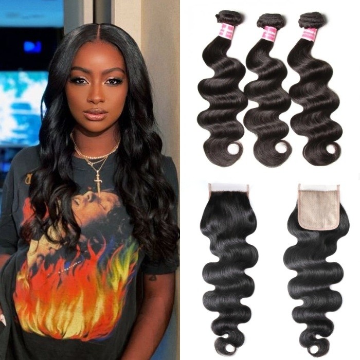 Kriyya Body Wave Hair 3 Bundles With 4x4 Skin PU Closure Virgin Hair Fake Scalp Closure Natural Black