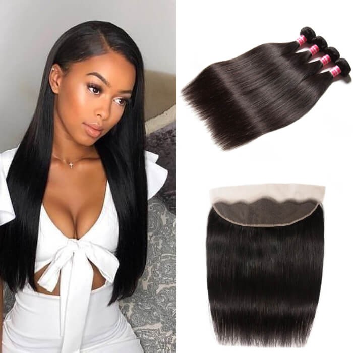 Kriyya Malaysian Human Hair Straight Weave 4 Bundles Deals With 13x4 Lace Frontal 