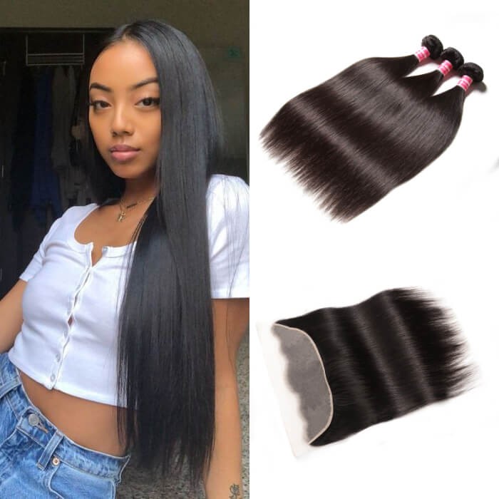 Kriyya Straight 100% Virgin Human Hair 3 Bundles With Transparent Lace Closure 13*4 Inch