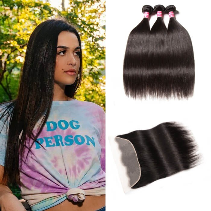 Kriyya Indian Straight Remy Human Hair 3 Bundles With 13*4 Transparent Lace Frontal