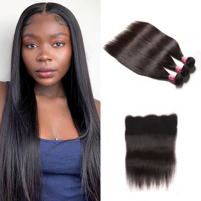 Kriyya Straight 100% Virgin Hair Malaysian 3 Bundles With 13*4 Transparent Lace Frontal