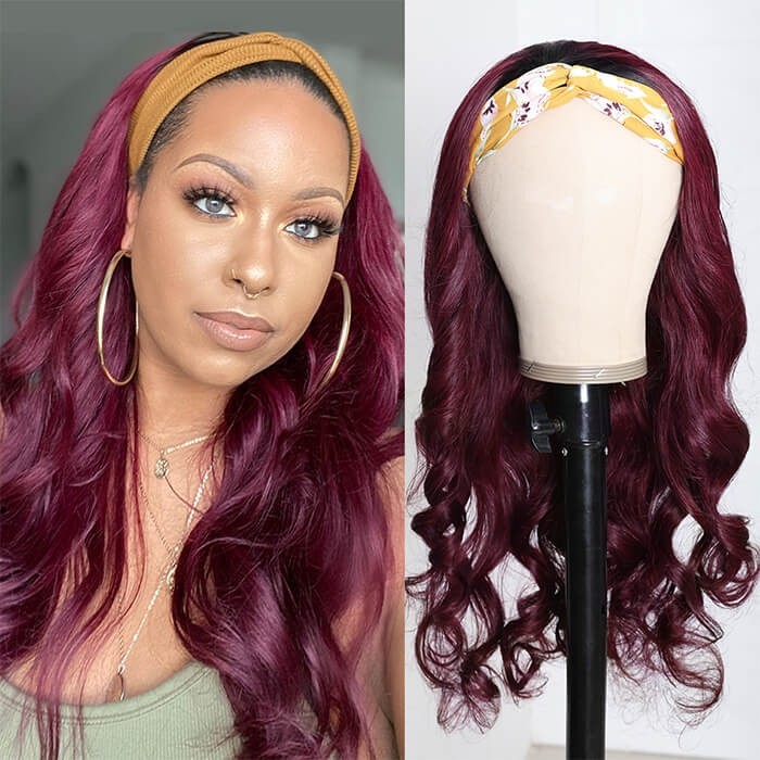 Kriyya Human Hair Headband Wig Ombre Burgundy 1B/99J Body Wave Wig 150% Density 14-26 Inch