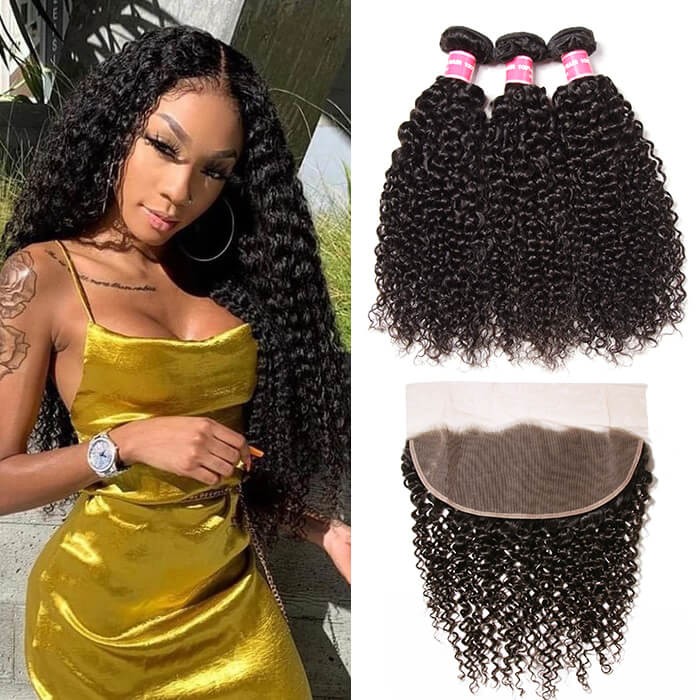 Kriyya Malaysian 3 Pcs Jerry Curly Hair Bundle Deals With 13*4 Lace Frontal