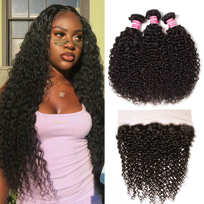 Kriyya 3 Bundles Jerry Curly Unprocessed Virgin Hair With 13*4 Lace Frontal