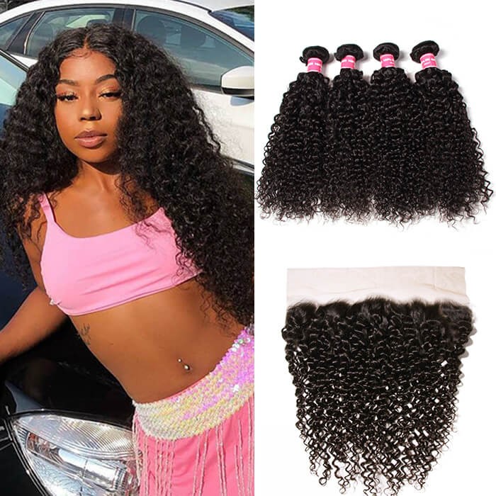 Kriyya Curly Hair 4 Bundles With Lace Frontal Indian Virgin Human Hair