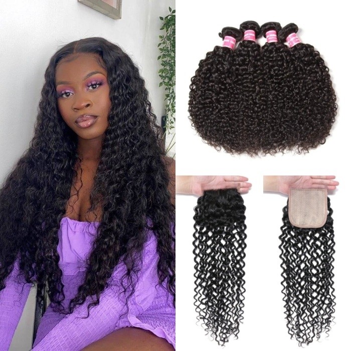 Kriyya Jerry Curly 4 Bundles With 4x4 PU Skin Closure Human Hair Fake Scalp Closure Natural Color