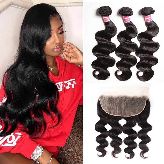 Kriyya 3 Pcs Body Wave With 13*6 Lace Frontal Malaysian 100 Human Hair