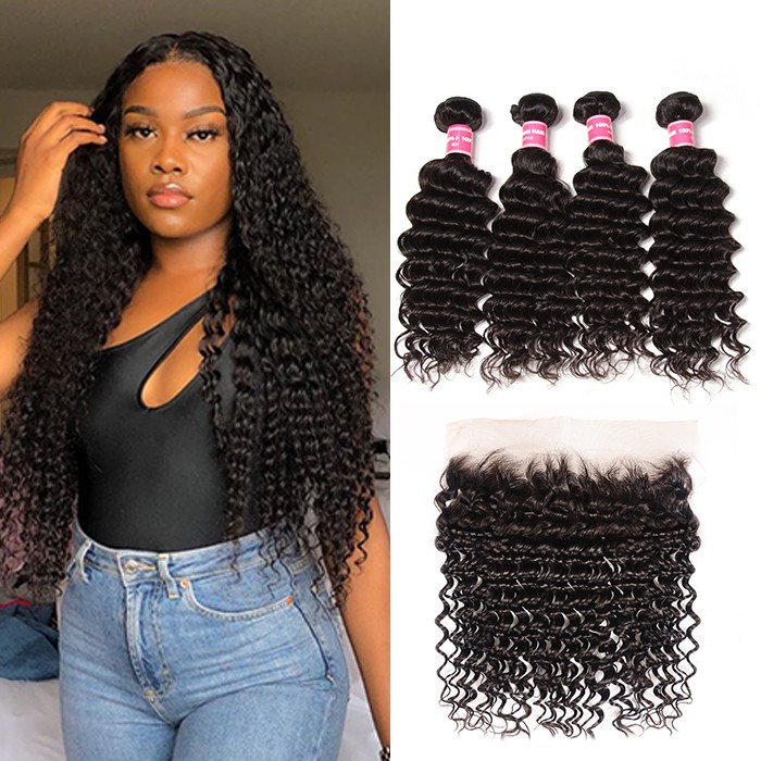 Kriyya Indian Deep Wave Sew In Hair 4 Bundles With 13x4 Lace Frontal Pre Plucked For Women