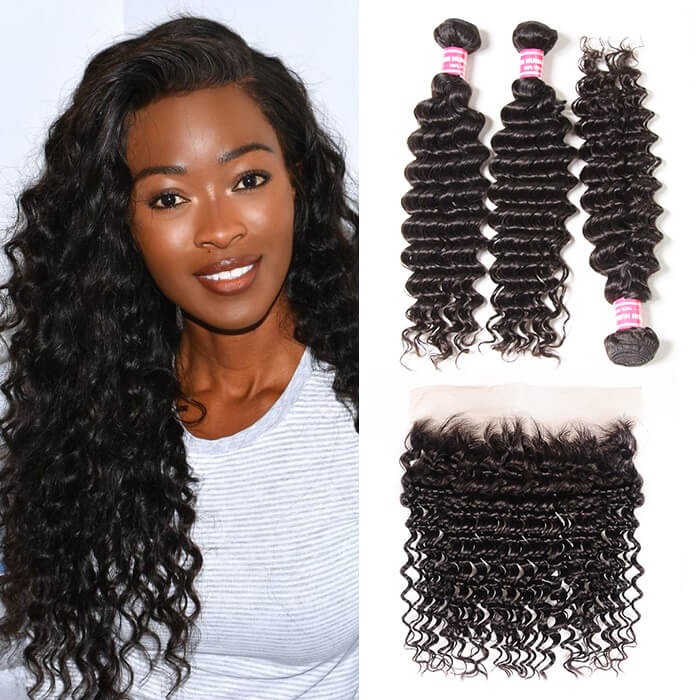 Kriyya Indian Hair 3 Bundles Deep Wave 100 Human Hair Weave With 13*4 Lace Frontal