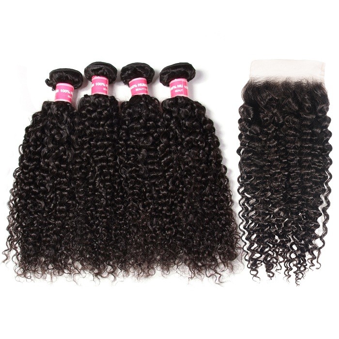 Kriyya Jerry Curly Hair 4 Bundles Sew In With 5x5 Closure Malaysian Human Hair