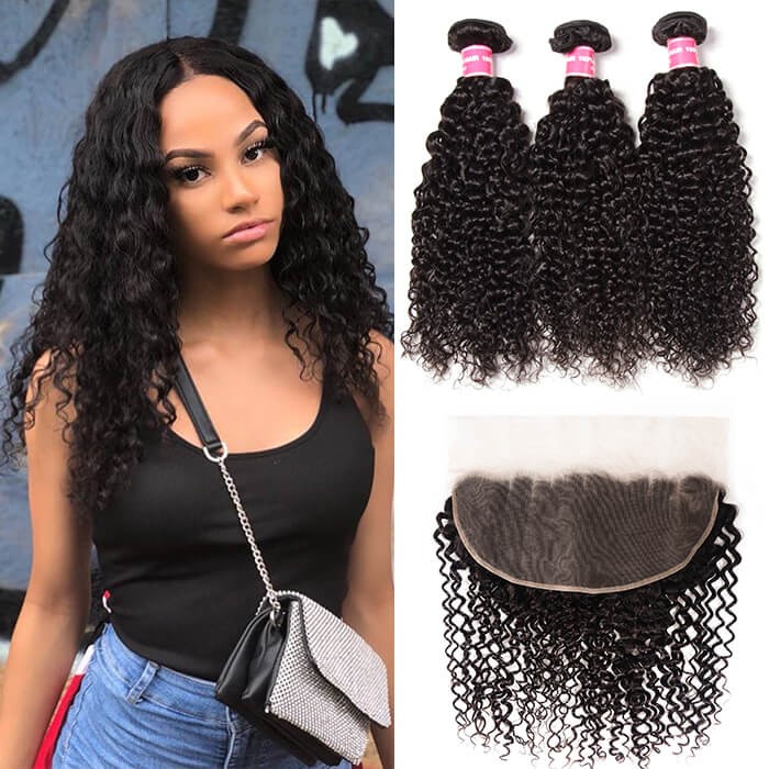 Kriyya Jerry Curly Unprocessed Human Hair 3 Bundles With Lace Frontal 13*6 Inch Brazilian Hair