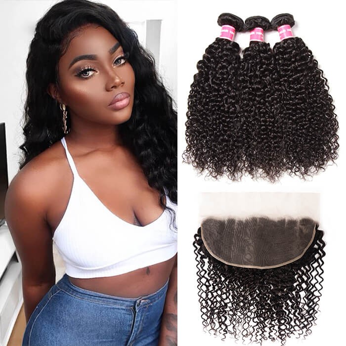Kriyya 3 Bundles Jerry Curly With 13*6 Lace Frontal Indian Human Hair