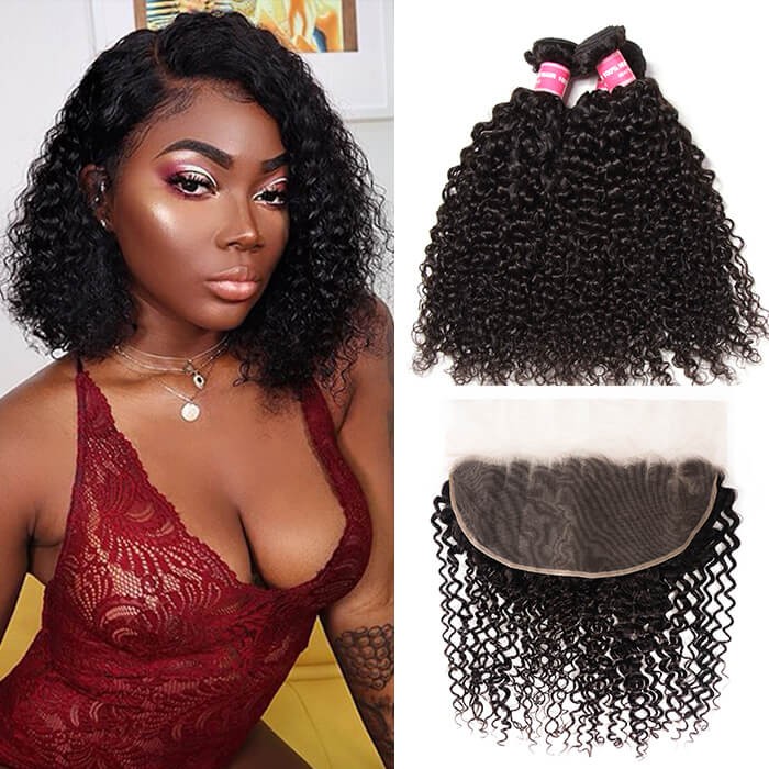 Kriyya 3 Bundles Malaysian Virgin Remy Hair Jerry Curly With 13*6 Lace Frontal