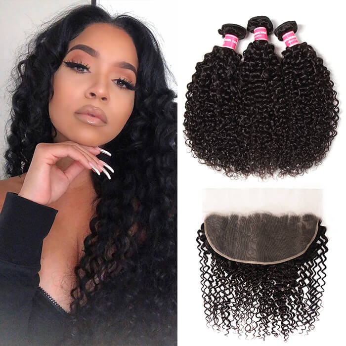 Kriyya 3 Bundles Jerry Curly Virgin Hair With 13*6 Lace Frontal Peruvian Human Hair
