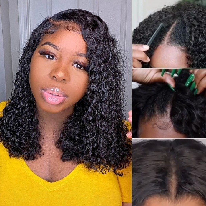 Kriyya No Leave Out V Part Glueless Jerry Curly Bob Real Scalp Human Hair Wig