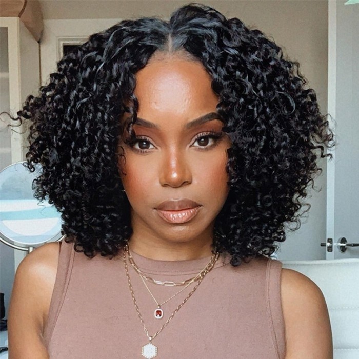 Kriyya New Glueless V Part Kinky Curly Wig No Leave Out Human Hair Wig Natural Color 150% Density