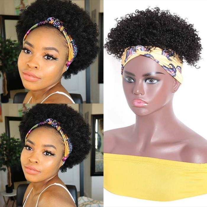 Kriyya Kinky Curly Wrap Head Wigs Headband Wig Pineapple with Bangs for Short Hair