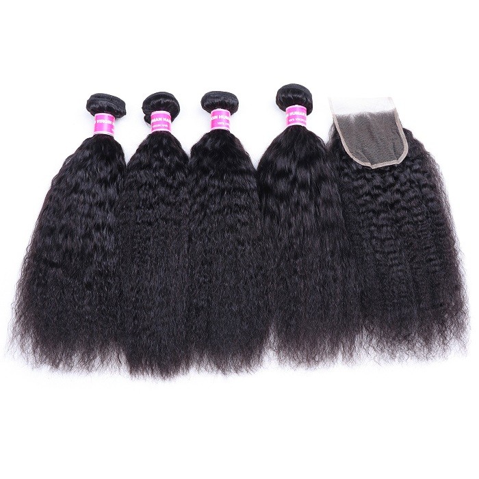 Kriyya Free Part Lace Closure Sew In With Kinky Straight 4 Bundles Peruvian Hair