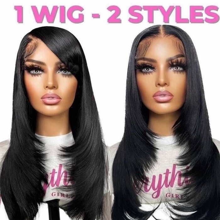 Kriyya Youtuber Recommendation 90's Inspired Layered Cut 13X4 Lace Frontal Straight Wig 150% Density Natural Black Virgin Hair