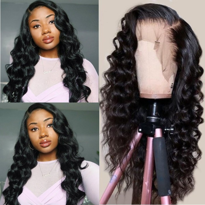 Kriyya Loose Wave 13x4 Lace Front Wigs With Baby Hair 100% Human Hair Natural Black Wig