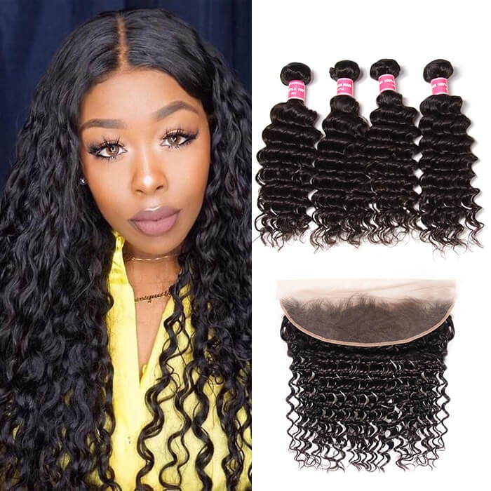 Kriyya Malaysian Deep Wave Virgin Hair 13x4 Pre Plucked Lace Frontal With 4 Bundles 