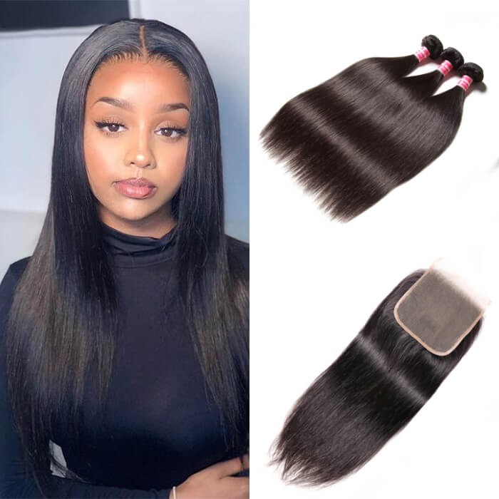 Kriyya Brazilian Virgin Human Hair 3 Pcs Straight With 5*5 Lace Closure