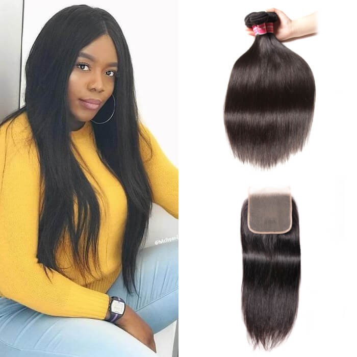 Kriyya Malaysian Human Hair Straight 3 Bundles With Lace Closure 5*5 Inch